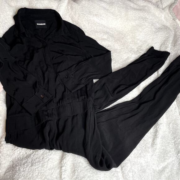 MONROW Black Hidden Button Up Jumpsuit Pantsuit Longsleeve Extra Small XS Jogger - Picture 2 of 8